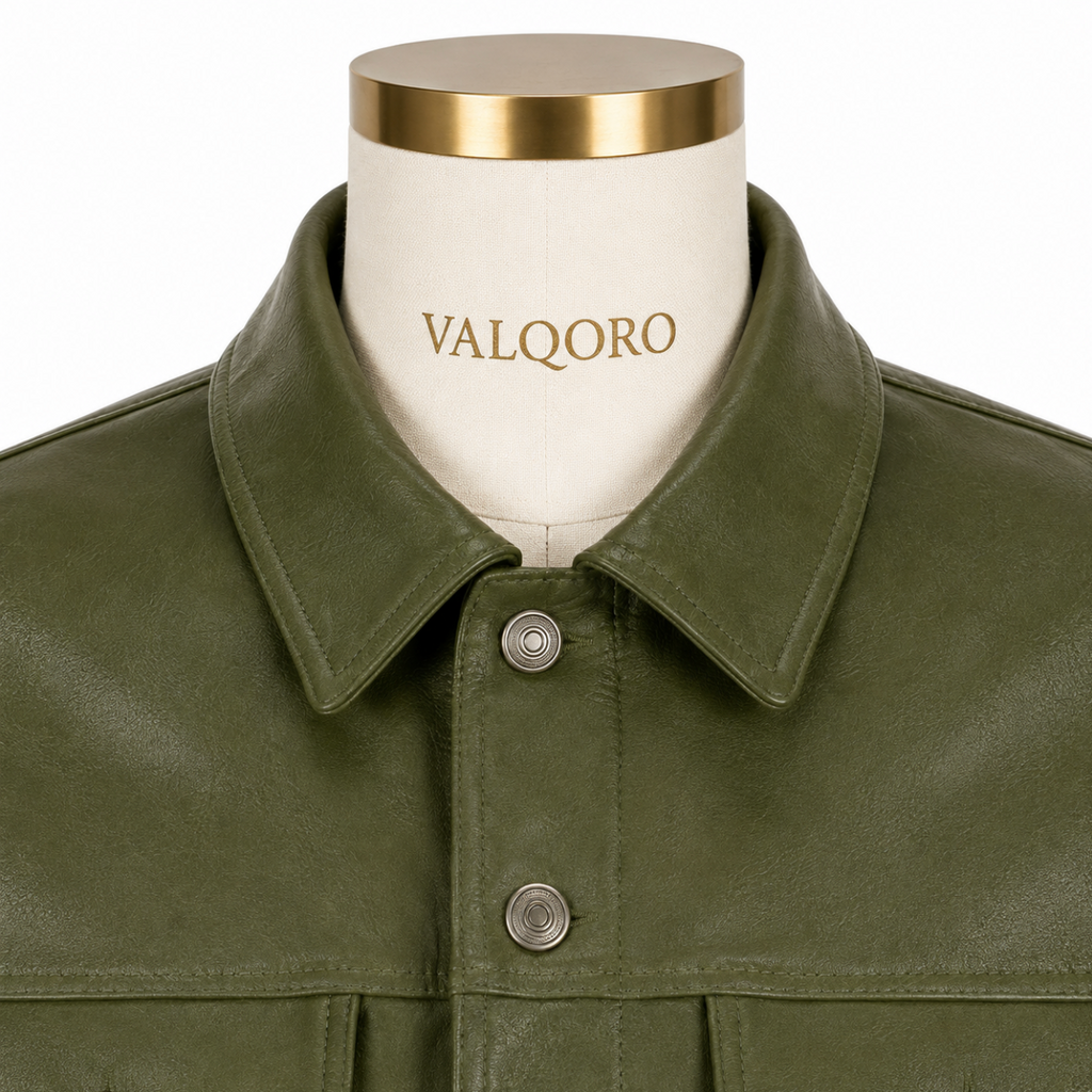 Men’s Olive Green Leather Trucker Jacket, Handmade Button-Up Jacket, Made-to-Order Custom Fit