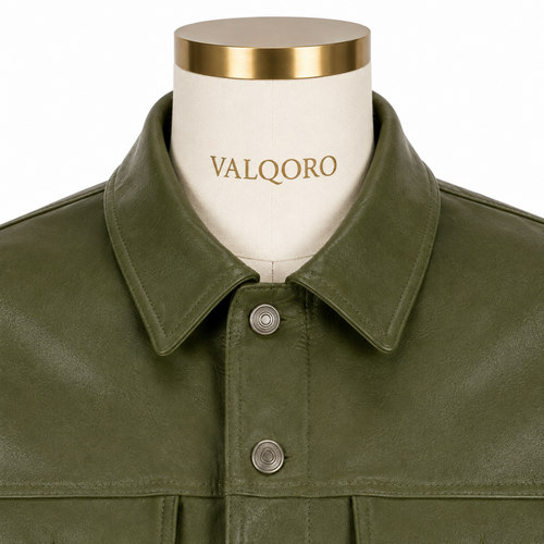 Men’s Olive Green Leather Trucker Jacket, Handmade Button-Up Jacket, Made-to-Order Custom Fit