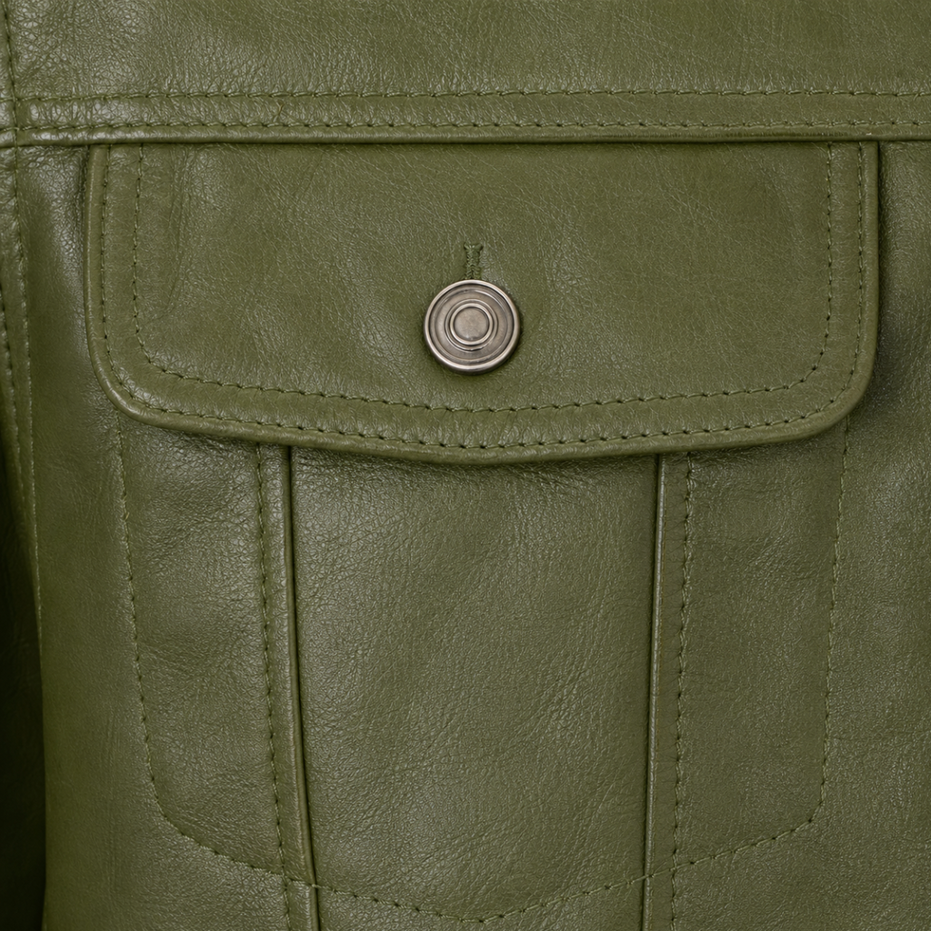 Men’s Olive Green Leather Trucker Jacket, Handmade Button-Up Jacket, Made-to-Order Custom Fit