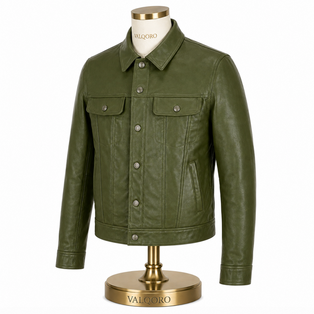 Men’s Olive Green Leather Trucker Jacket, Handmade Button-Up Jacket, Made-to-Order Custom Fit