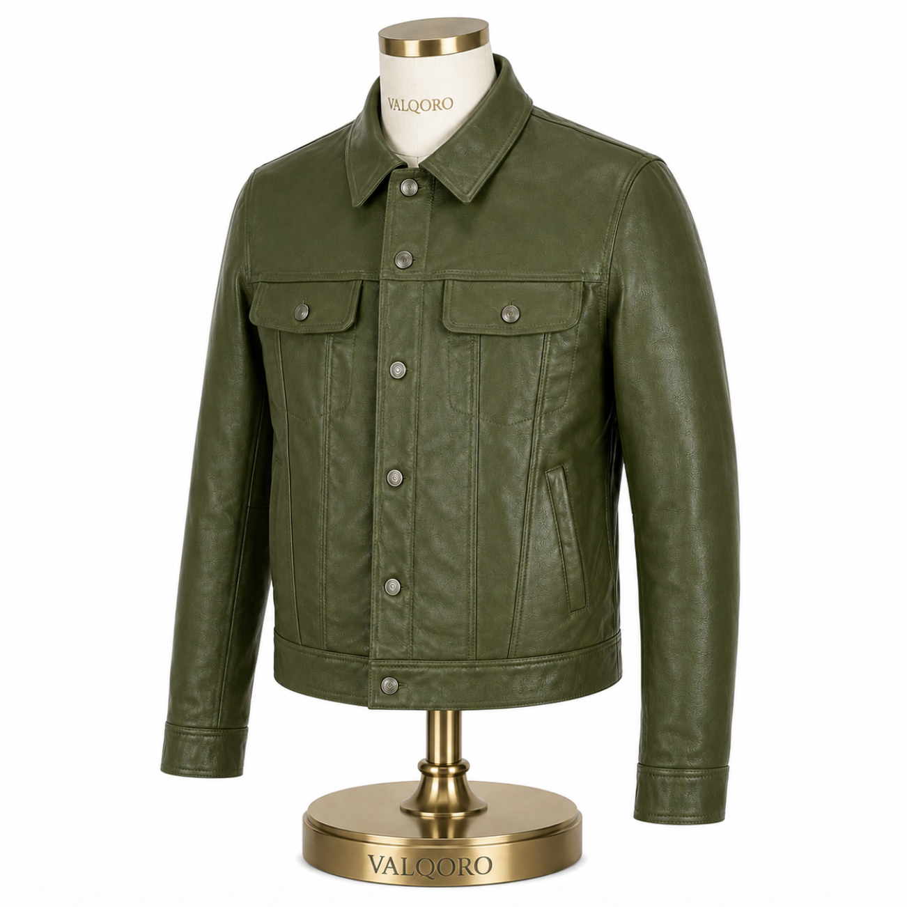 Men’s Olive Green Leather Trucker Jacket, Handmade Button-Up Jacket, Made-to-Order Custom Fit