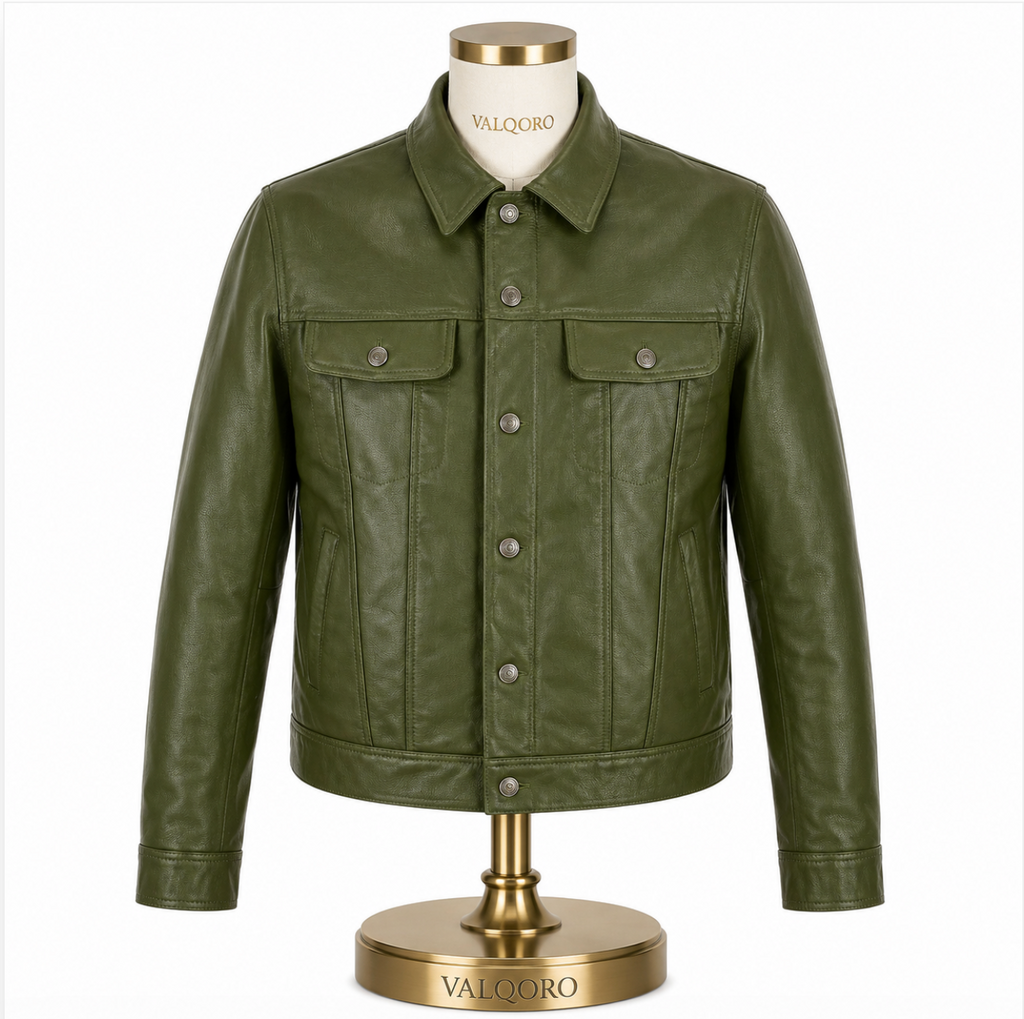 Men’s Olive Green Leather Trucker Jacket, Handmade Button-Up Jacket, Made-to-Order Custom Fit