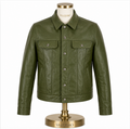 Men’s Olive Green Leather Trucker Jacket, Handmade Button-Up Jacket, Made-to-Order Custom Fit