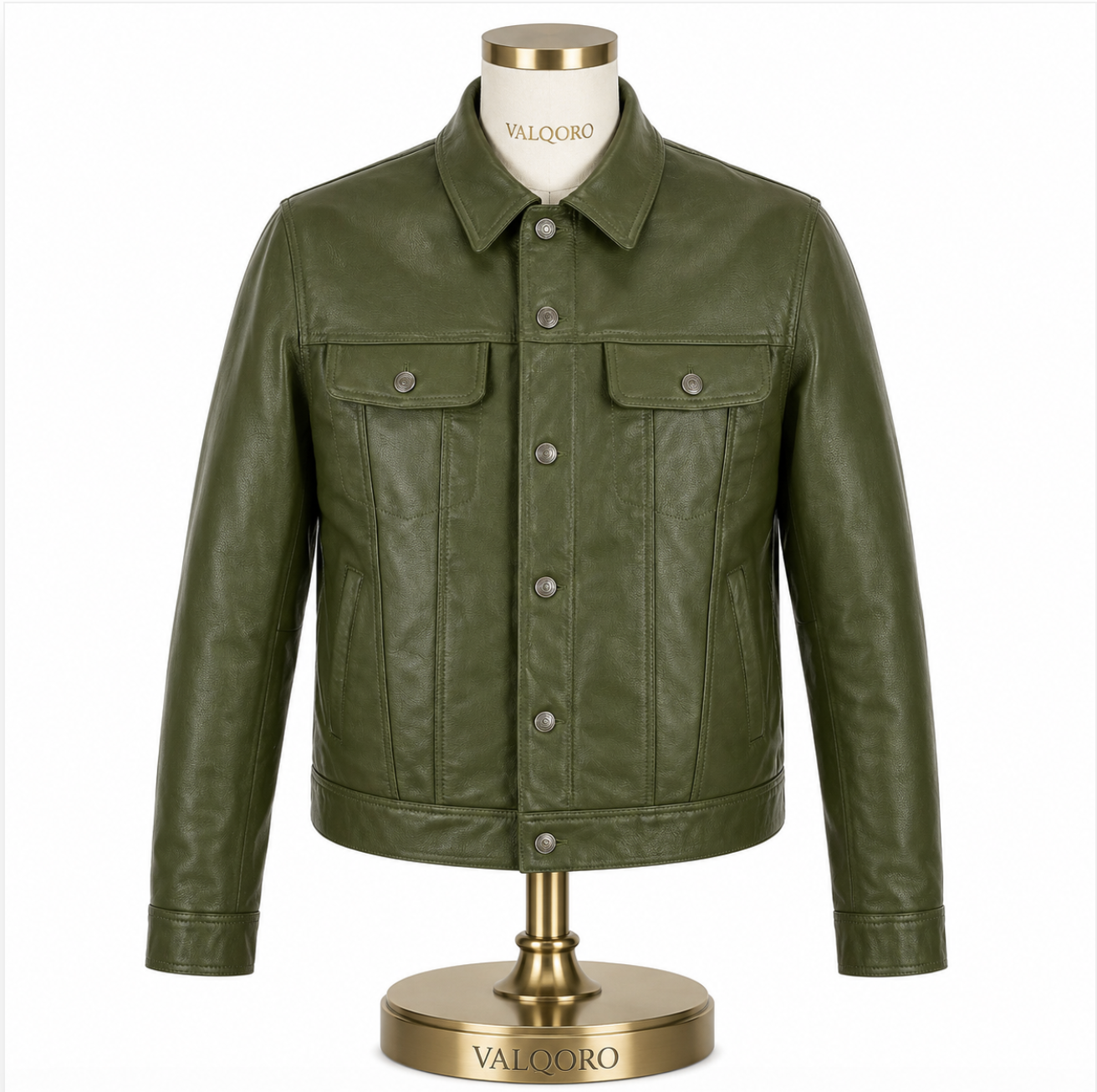 Men’s Olive Green Leather Trucker Jacket, Handmade Button-Up Jacket, Made-to-Order Custom Fit
