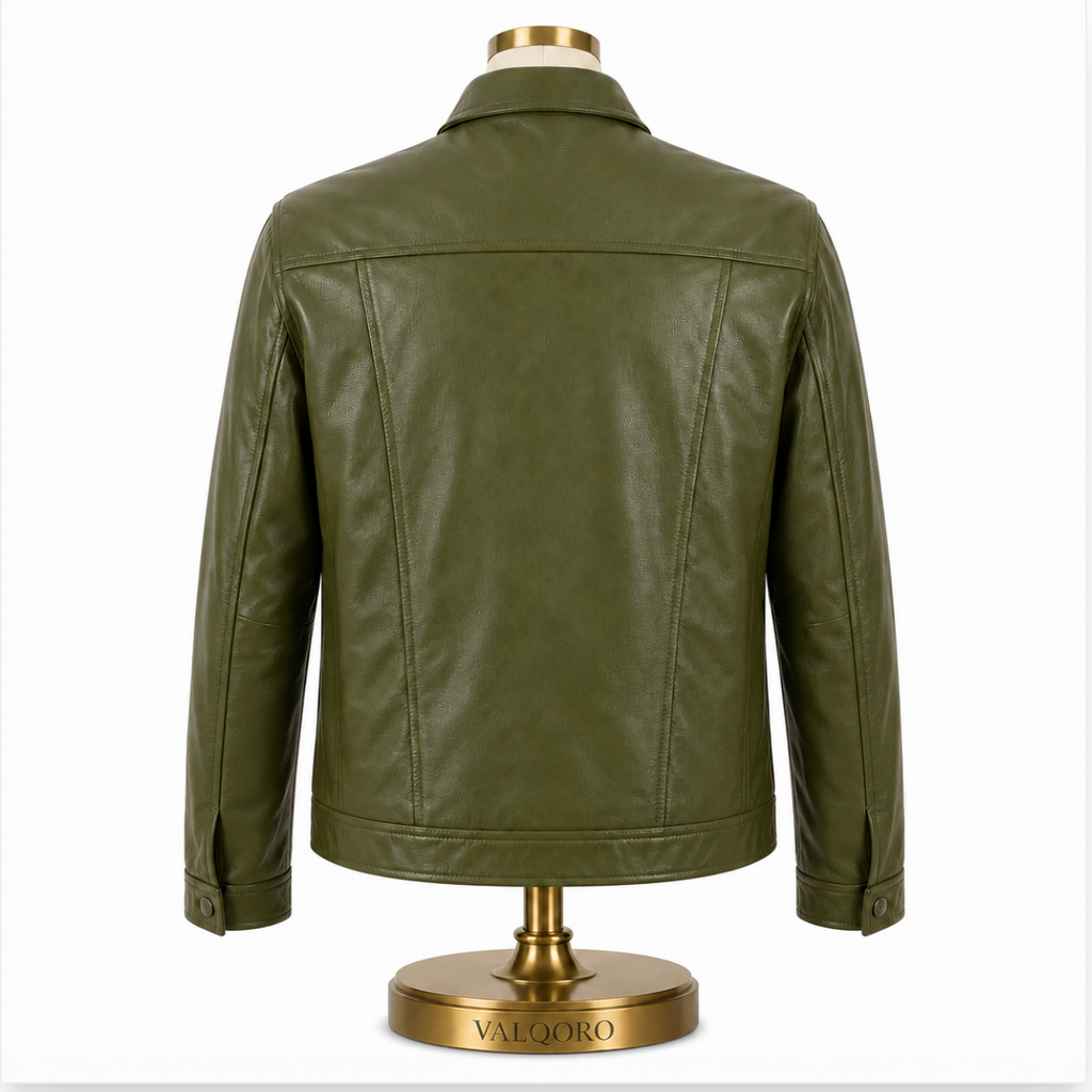 Men’s Olive Green Leather Trucker Jacket, Handmade Button-Up Jacket, Made-to-Order Custom Fit