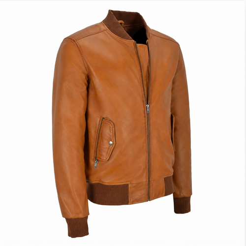 A men's tan leather bomber jacket with dark brown ribbed knit collar, cuffs, and hem, featuring a front zipper and zippered chest pocket, shown on a plain white background.