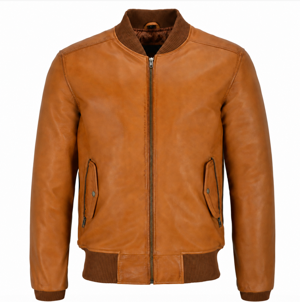 A tan leather bomber jacket with a full front zipper, ribbed collar, cuffs, and hem, and two zippered hand pockets, shown on a plain white background.