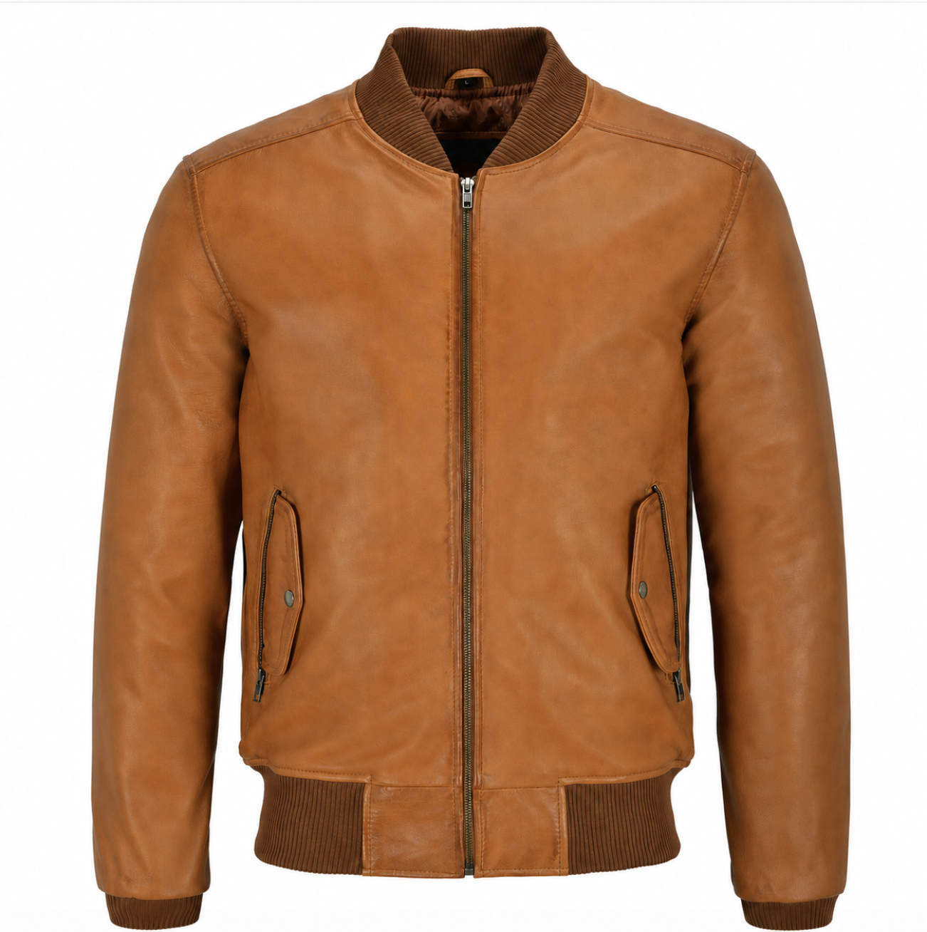 A tan leather bomber jacket with a full front zipper, ribbed collar, cuffs, and hem, and two zippered hand pockets, shown on a plain white background.