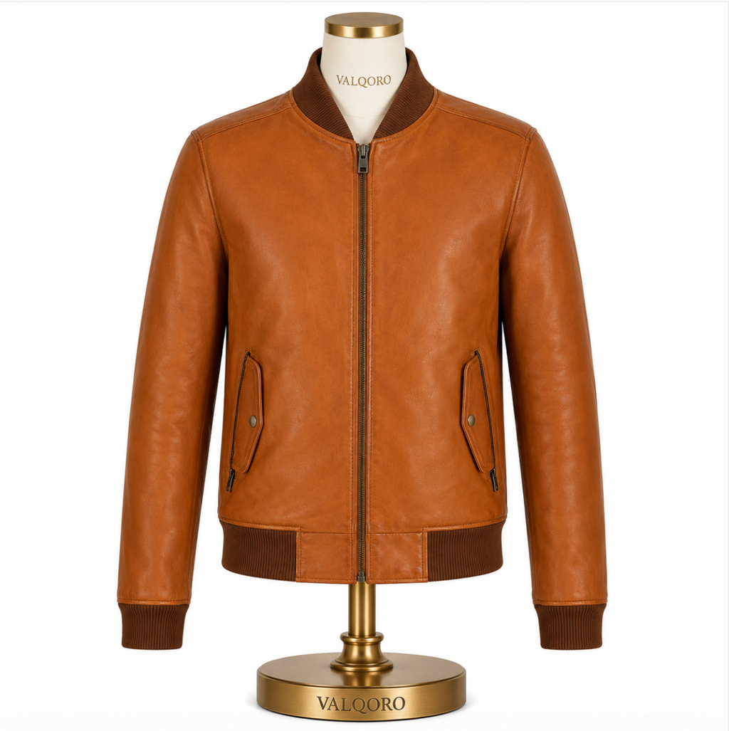 A tan leather bomber jacket displayed on a cream mannequin torso with a gold base. The jacket features a full front zipper, ribbed collar, cuffs, and hem, with two diagonal welt pockets.