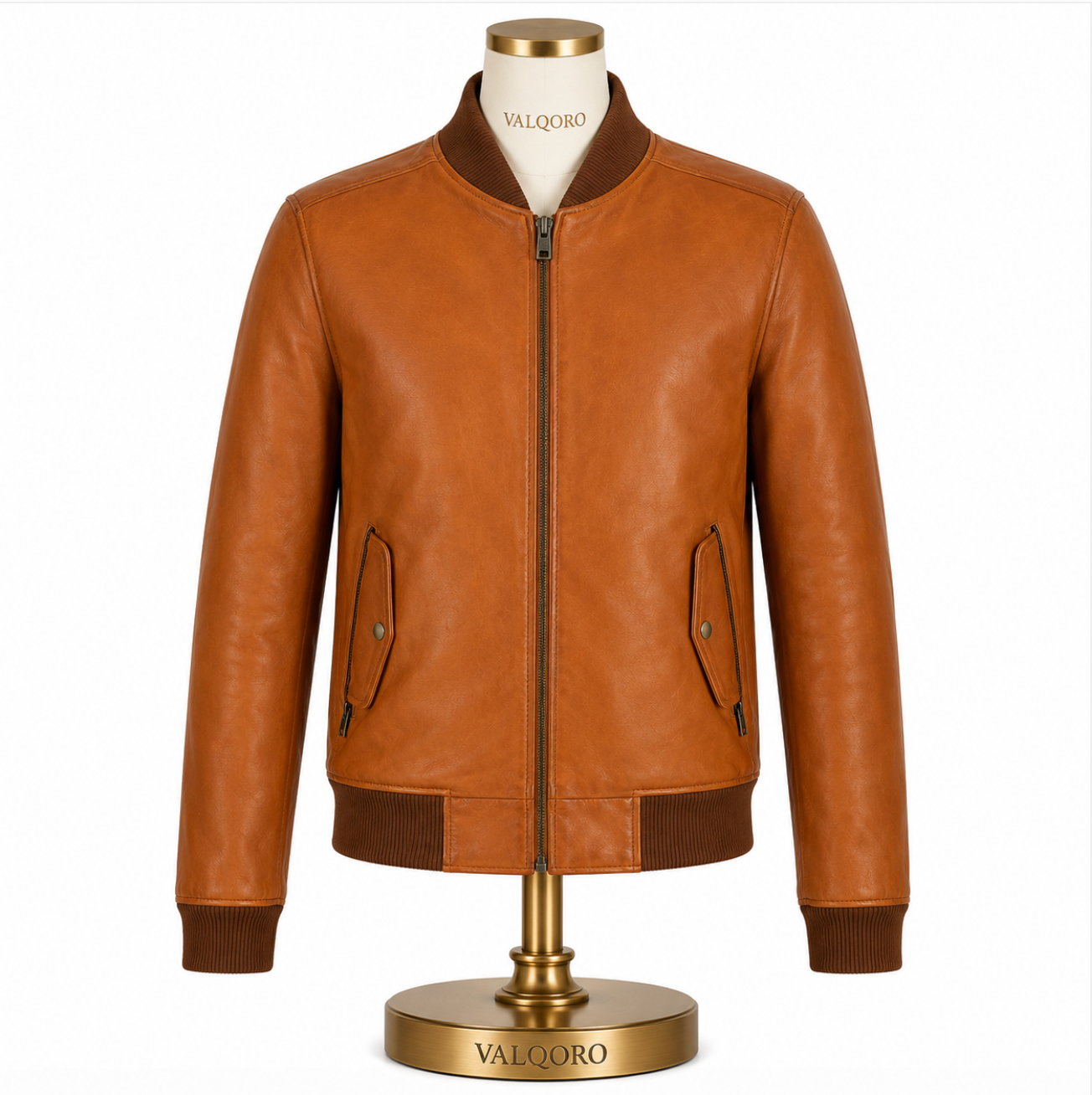 A tan leather bomber jacket displayed on a cream mannequin torso with a gold base. The jacket features a full front zipper, ribbed collar, cuffs, and hem, with two diagonal welt pockets.