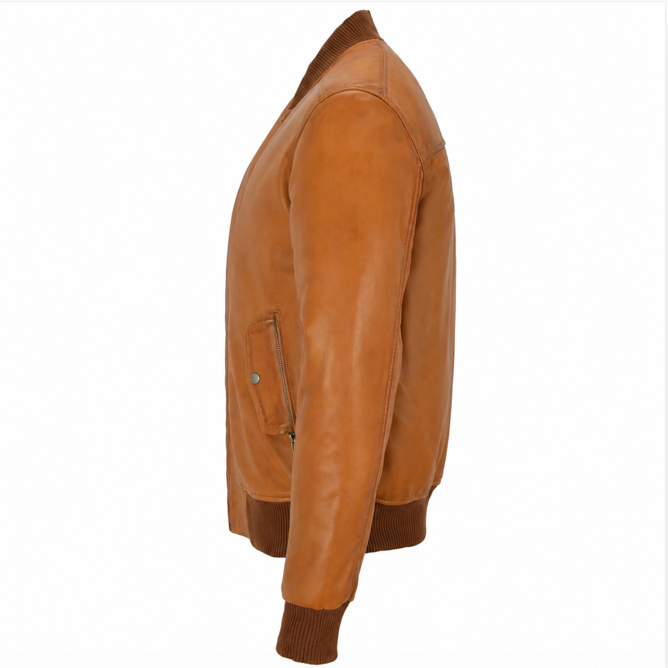 A side profile view of a tan leather bomber jacket with ribbed collar, cuffs, and hem, shown on a plain white background.