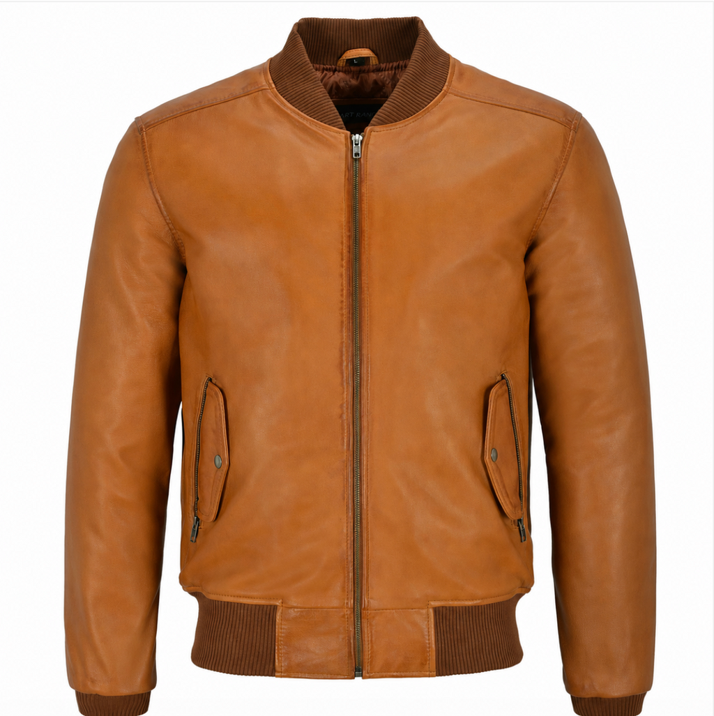 A tan leather bomber jacket with dark brown ribbed knit collar, cuffs, and hem, featuring a front zipper and zippered hand pockets, shown against a plain white background.