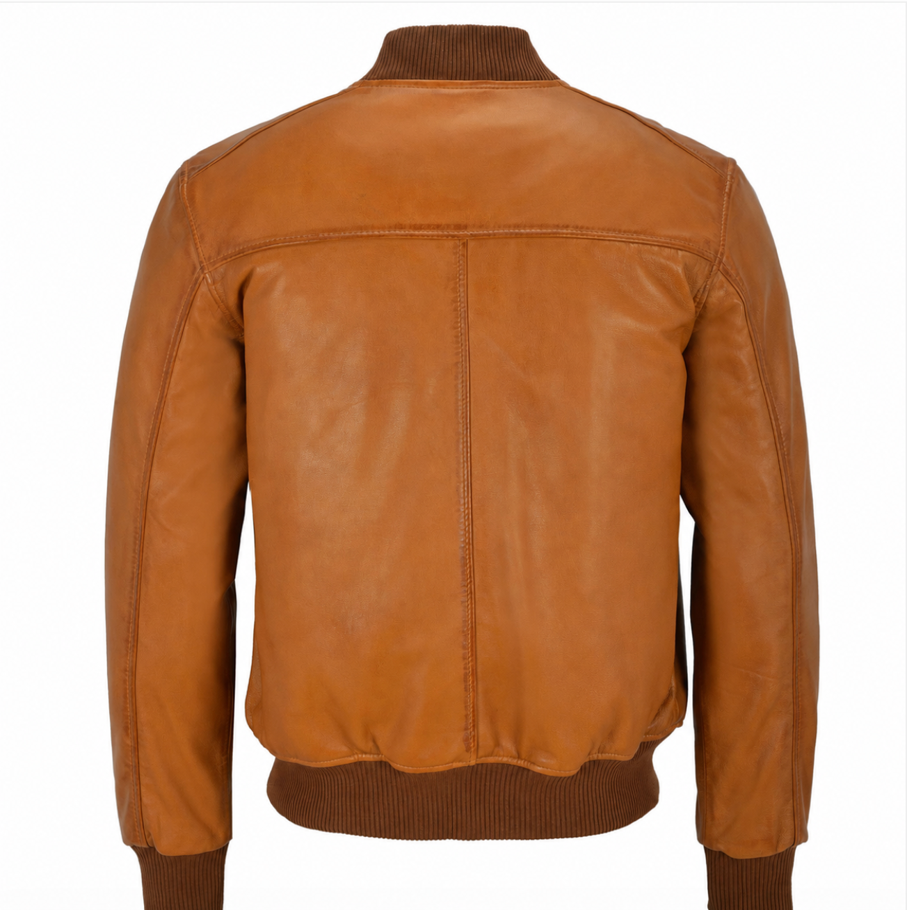 Back view of a tan leather bomber jacket with ribbed knit collar, cuffs, and hem, displayed on a white background.