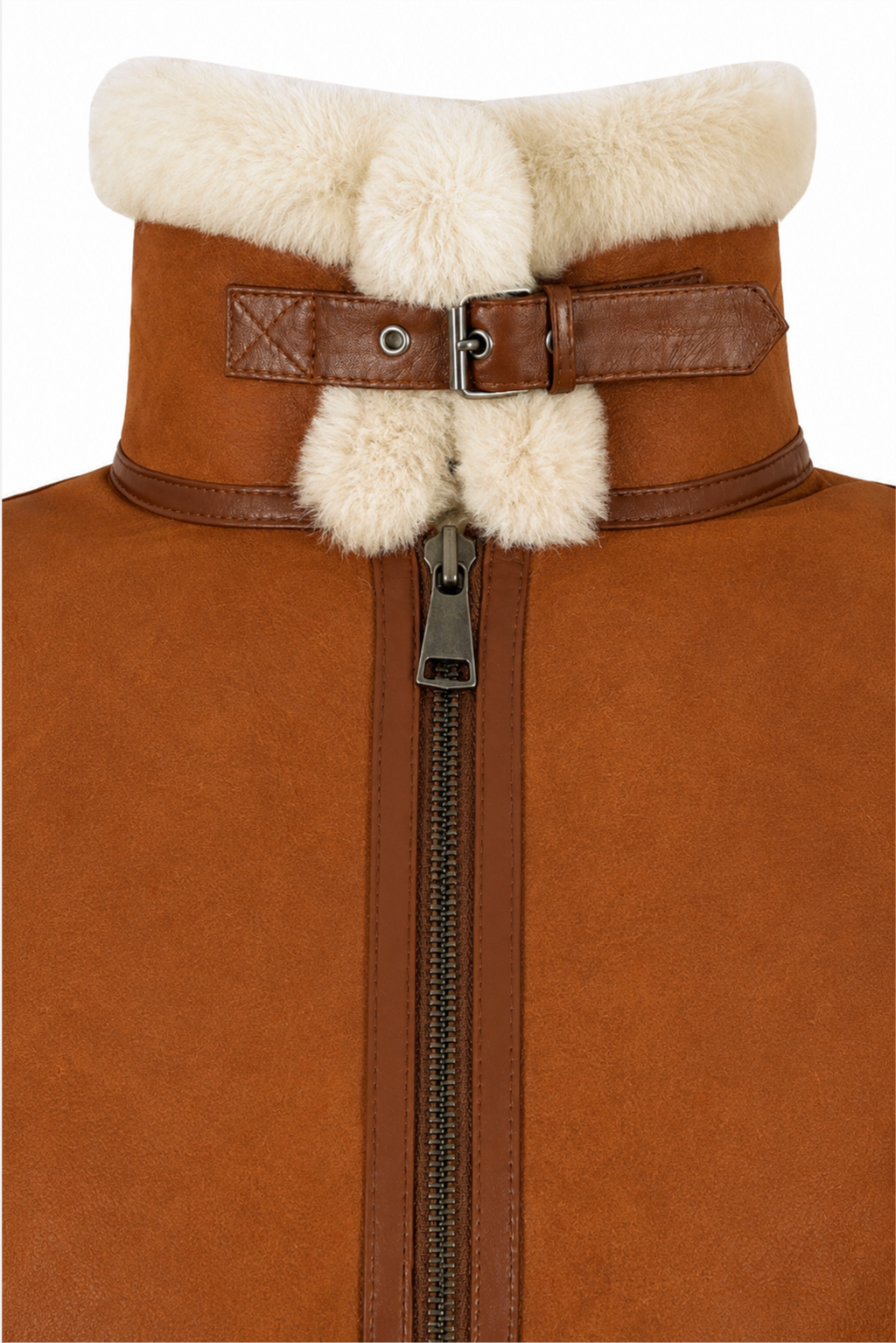 Close-up of a brown suede or shearling-lined jacket with a high collar, cream faux-fur trim, and a brown leather strap detail around the neck.
