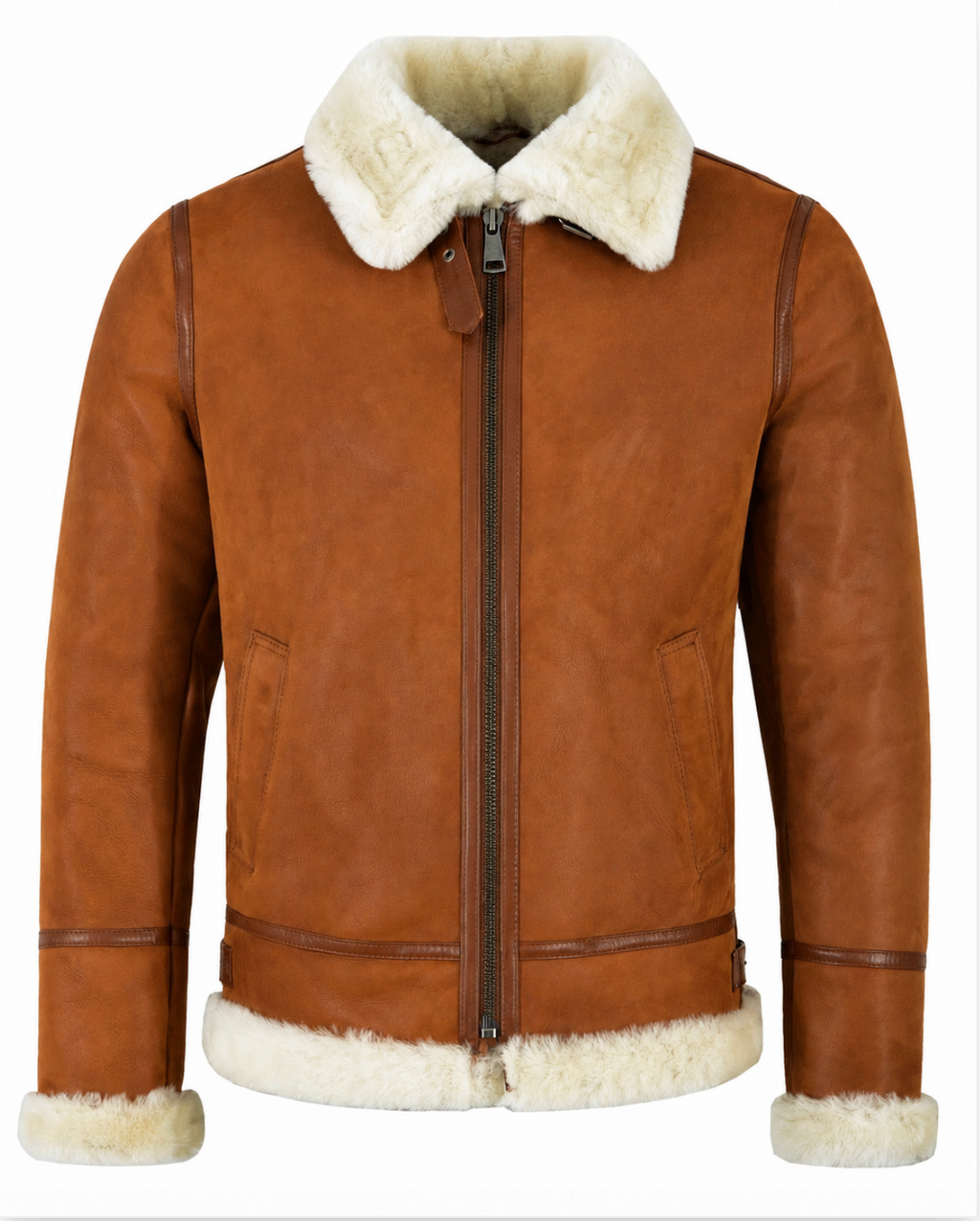 A brown suede aviator jacket with a cream-colored shearling collar, lining, and hem, shown against a plain white background.