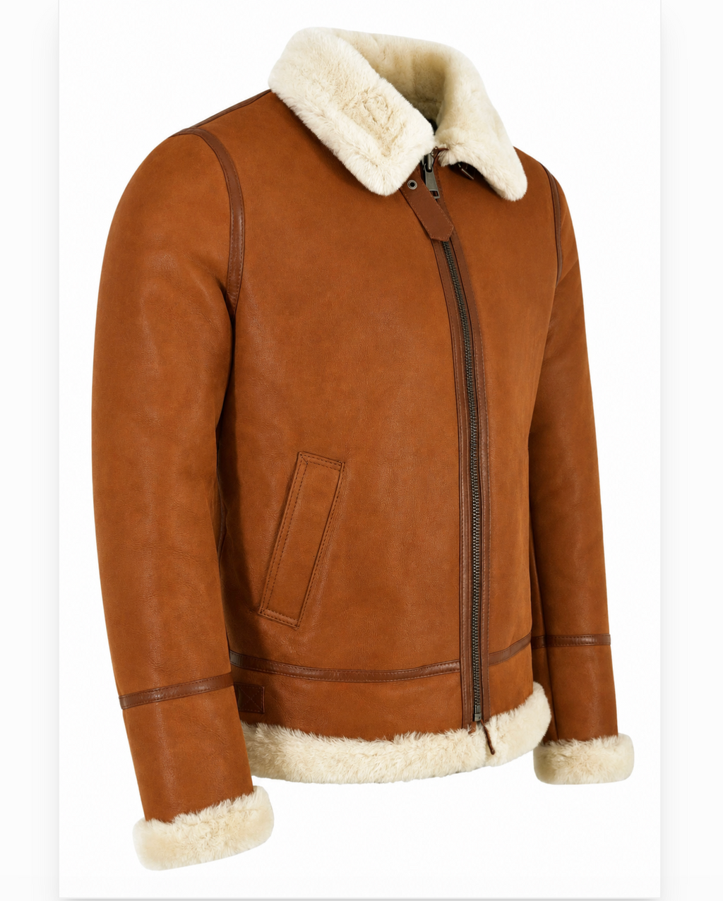 A brown shearling-lined aviator jacket with a cream-colored collar, cuffs, and hem, displayed on a white background.