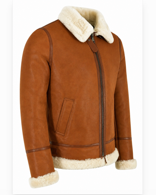 A brown shearling-lined aviator jacket with a cream-colored collar, cuffs, and hem, displayed on a white background.